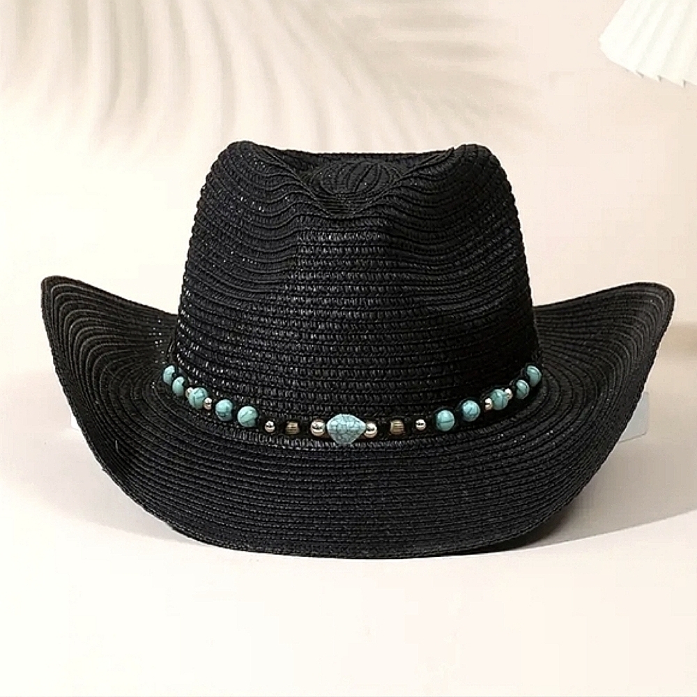 NWT Woven Western style hat with faux turquoise beaded hatband - Picture 1 of 2